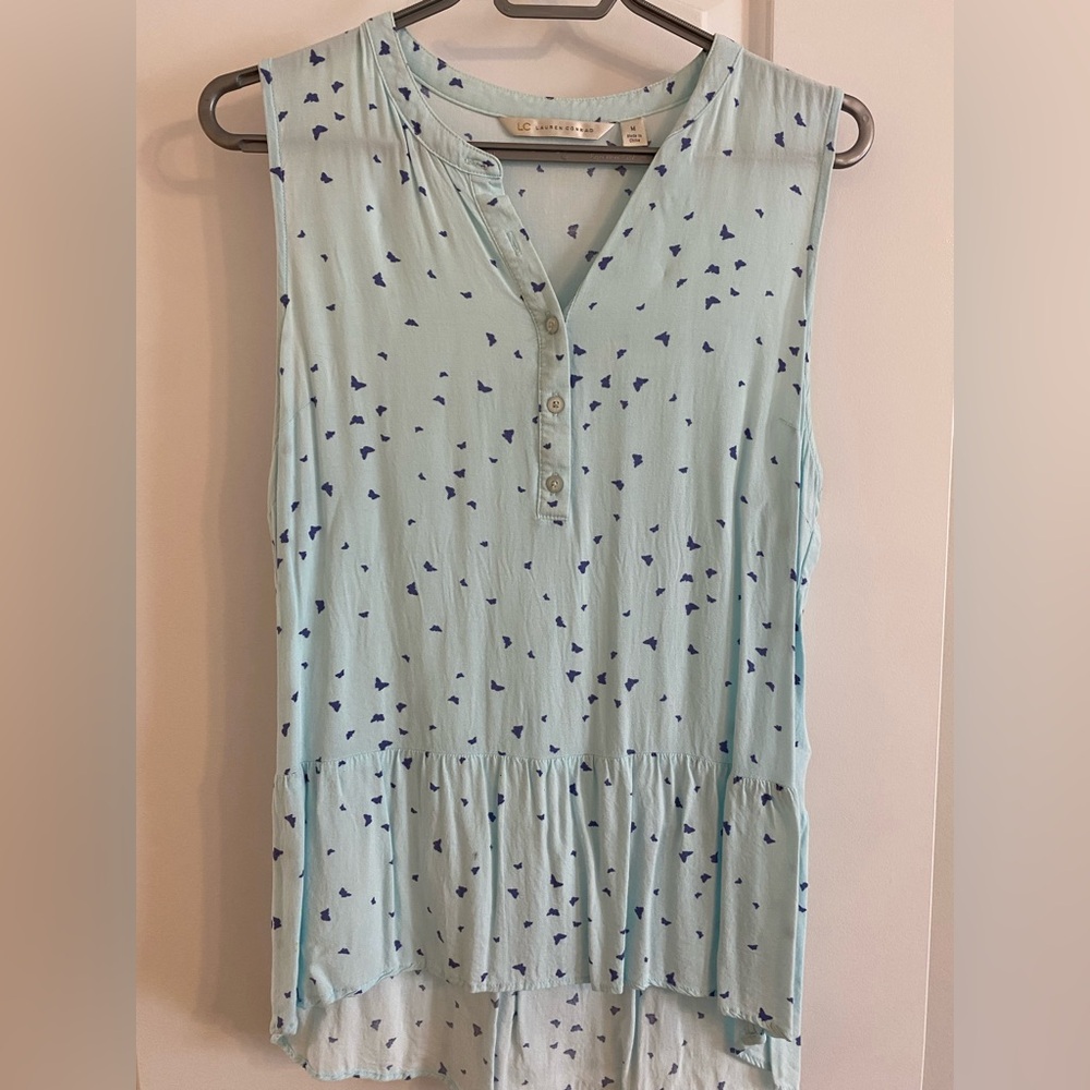 LC Lauren Conrad Sky Blue Sleeveless Blouse with Dark Blue Pattern